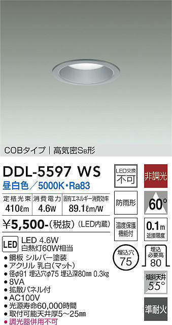 画像1: 大光電機(DAIKO) DDL-5597 WS ダウンライト 埋込穴φ75 非調光 LED 昼白色 COBタイプ 高気密SB形 防雨形 準耐火 シルバー (1)