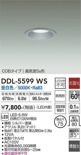 画像1: 大光電機(DAIKO) DDL-5599 WS ダウンライト 埋込穴φ75 非調光 LED 昼白色 COBタイプ 高気密SB形 防雨形 準耐火 シルバー (1)