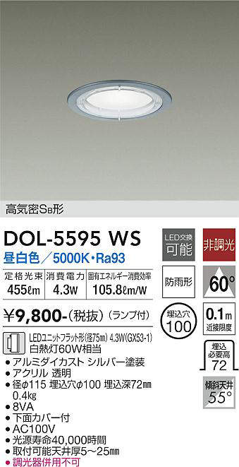 画像1: 大光電機(DAIKO) DOL-5595 WS アウトドアライト 軒下ダウンライト 埋込穴φ100 非調光 LED 昼白色 ランプ付 高気密SB形 防雨形 シルバー (1)