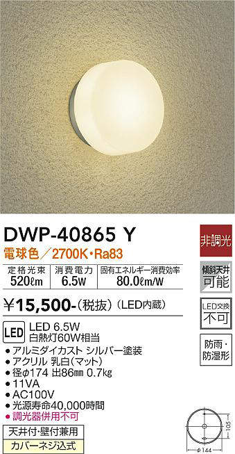 画像1: 大光電機(DAIKO)　DWP-40865Y　アウトドアライト ポーチ灯 LED内蔵 非調光 電球色 天井付・壁付兼用 防雨・防湿形 シルバー (1)