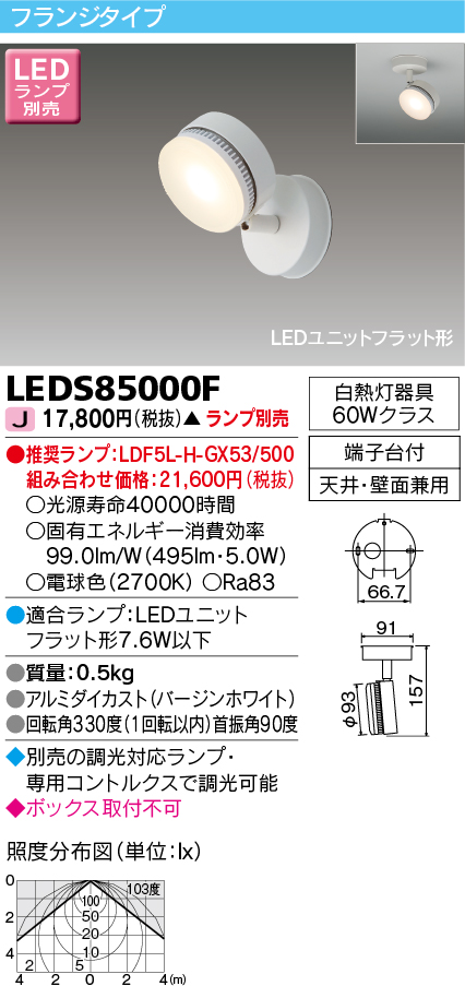 画像1: 東芝ライテック　LEDS85000F　スポットライト LEDユニットフラット形 フランジタイプ 天井・壁面兼用 ホワイト ランプ別売 (1)