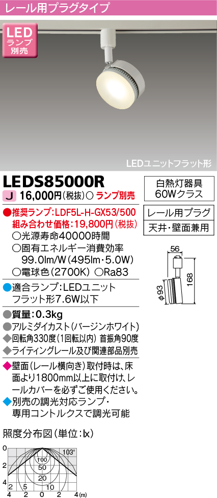 画像1: 東芝ライテック　LEDS85000R　スポットライト LEDユニットフラット形 レール用プラグタイプ 天井・壁面兼用 ホワイト ランプ別売 (1)