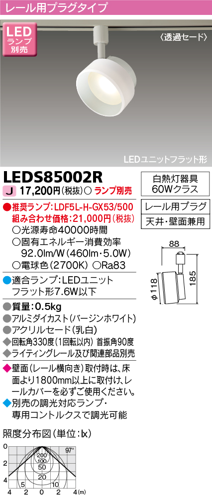 画像1: 東芝ライテック　LEDS85002R　スポットライト LEDユニットフラット形 レール用プラグタイプ 天井・壁面兼用 ホワイト ランプ別売 (1)