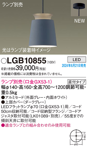 画像1: パナソニック LGB10855 ペンダント LED ランプ別売 本体のみ 天井吊下型 直付タイプ アルミセード グレー (1)