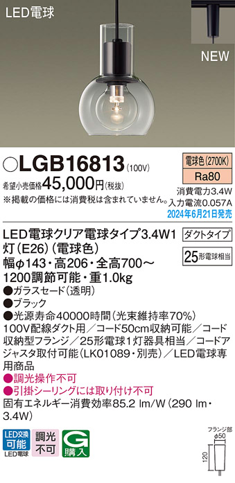 画像1: パナソニック LGB16813(ランプ同梱包) ペンダント LED(電球色) 配線ダクト取付型 ダクトタイプ ガラスセード LED電球交換型 ブラック (1)