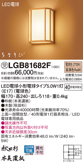 画像1: パナソニック　LGB81682F　ブラケット ランプ同梱 和風 LED(電球色) 壁直付型 上面一部開放型 はなさび(数寄屋) 秋田杉 受注品 [§] (1)