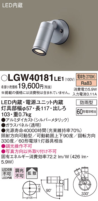 パナソニック LGW40181LE1 エクステリアスポットライト 壁直付型 LED