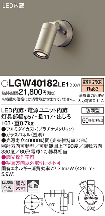 画像1: パナソニック　LGW40182LE1　エクステリアスポットライト 壁直付型 LED(電球色) 拡散タイプ 防雨型 パネル付型 (1)