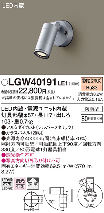 画像1: パナソニック　LGW40191LE1　エクステリアスポットライト 壁直付型 LED(電球色) 拡散タイプ 防雨型 パネル付型 (1)