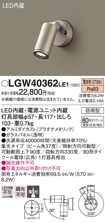 画像1: パナソニック　LGW40362LE1　エクステリアスポットライト 壁直付型 LED(電球色) 集光 防雨型 パネル付型 (1)