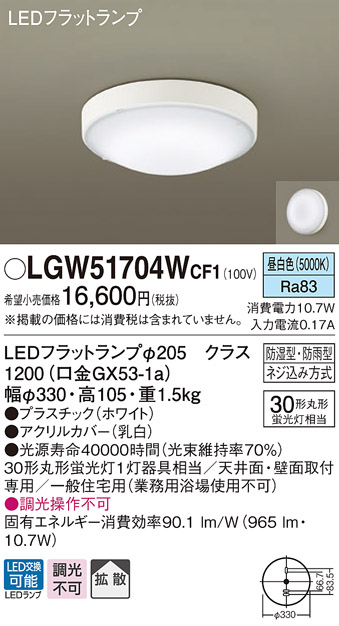 パナソニック LGW51704WCF1 シーリングライト 天井・壁直付型 LED(昼