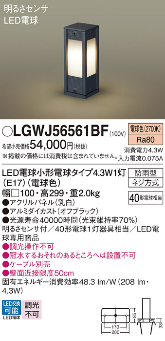 画像1: パナソニック LGWJ56561BF アプローチライト LED(電球色) 地中埋込型 LED電球交換型 明るさセンサ付 パネル付型 防雨型 オフブラック (1)