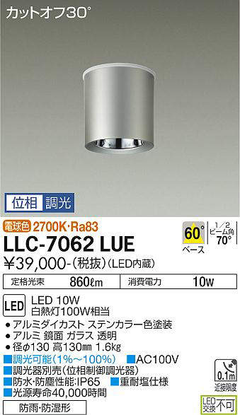 画像1: 大光電機(DAIKO) LLC-7062LUE シーリングダウンライト 位相調光(調光器別売) 電球色 ビーム角60度 防雨・防湿形 ステンカラー (1)