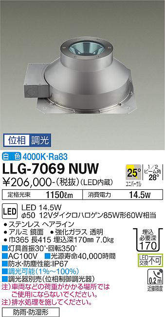 画像1: 大光電機(DAIKO) LLG-7069NUW アウトドアライト グランドライト 位相調光(調光器別売) 白色 ビーム角25度 広角形 防雨・防湿形 ステンカラー (1)