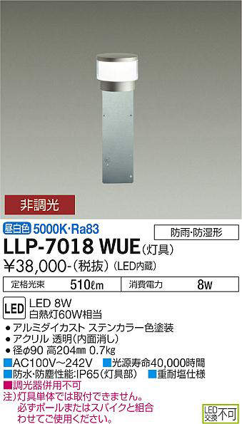 画像1: 大光電機(DAIKO) LLP-7018WUE アウトドアライト ポールライト 非調光 昼白色 灯具本体 インジケーターボラード(薄型全般拡散) 防雨・防湿形 ステンカラー (1)