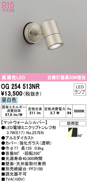 OG264053NR オーデリック ガーデンライト スポットライト 白熱灯器具60W相当 昼白色 防雨型 - 1
