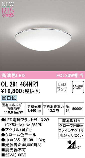 画像1: オーデリック OL291484NR1(ランプ別梱) シーリングライト 非調光 LED 昼白色 高演色LED R15 (1)